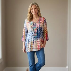Calessa Blouse Tunic Top XL Multicolor Tie Dye Embroidered‎ Boho Artsy Flowy